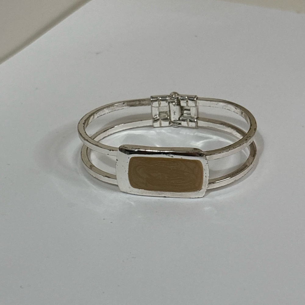Silver Tone Hinged Cuff Bracelet with Brown Inlay | Minimalist Jewelry